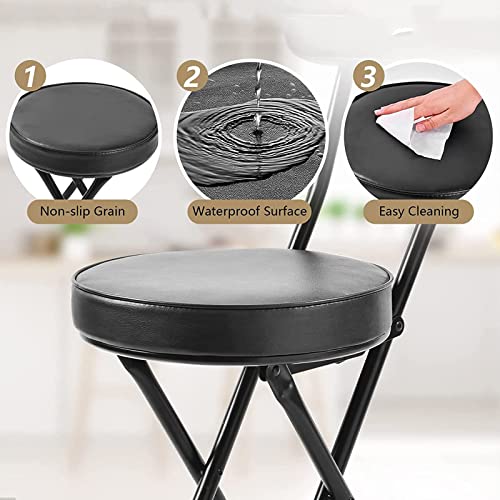 18" Folding Stool with Backrest, Leather Padded Seat, Black Q30303