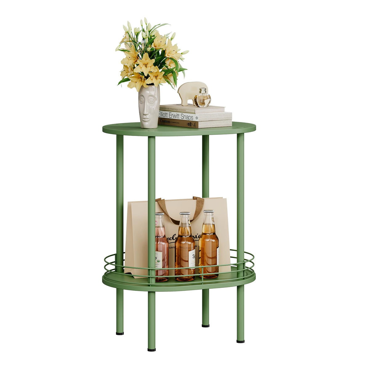 Oval Side Table with Storage, 2-Tier Green End Table Q5550