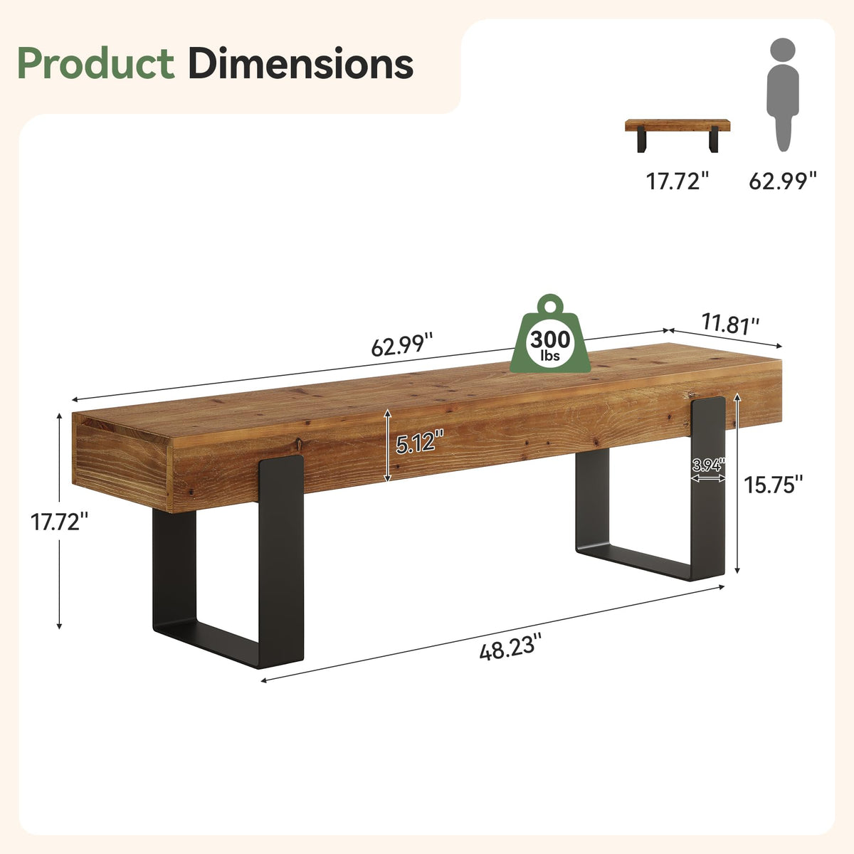Solid Wooden Entryway Bench with Metal Legs W1649
