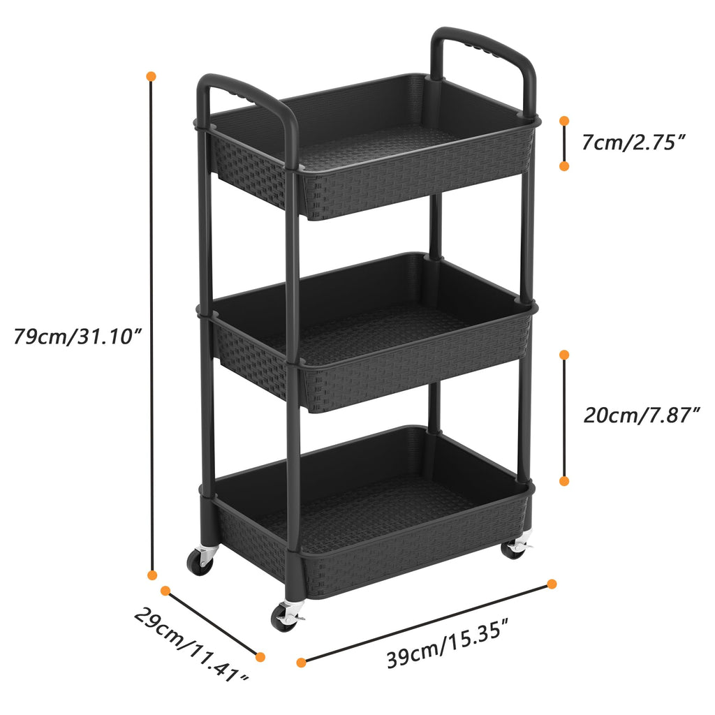 3-Tier Plastic Rolling Utility Cart with Handle O323