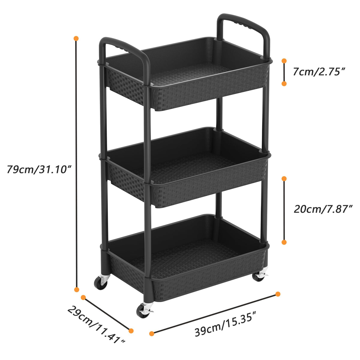 3-Tier Plastic Rolling Utility Cart with Handle O323