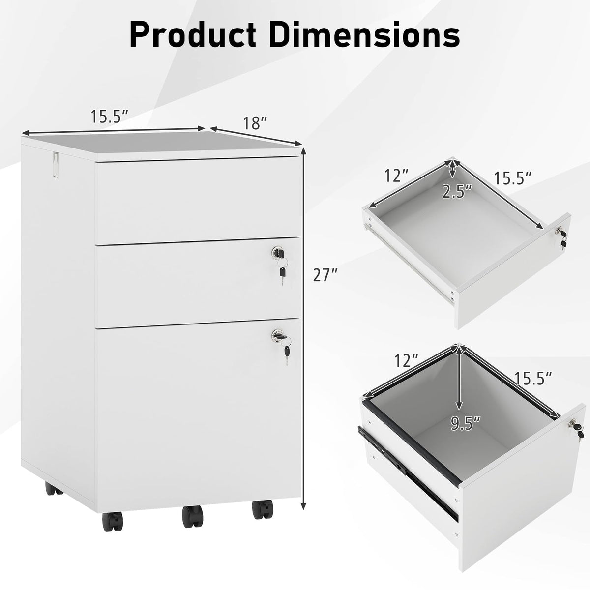 White 3 Drawer File Cabinet with Lock S404