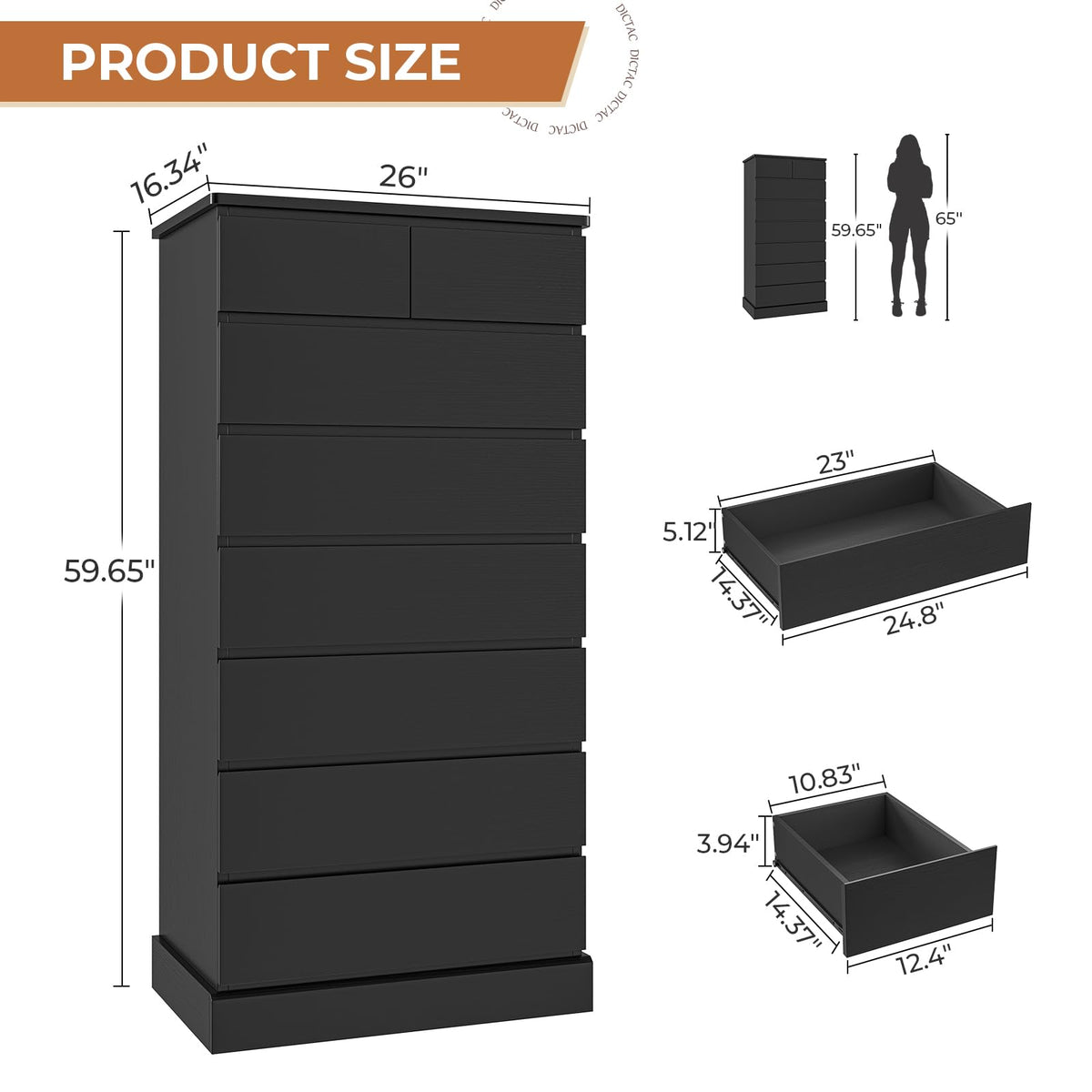 Black 8 Drawer Wood Dresser A552