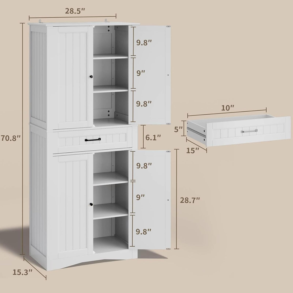 71" White Kitchen Pantry Storage Cabinet V4396
