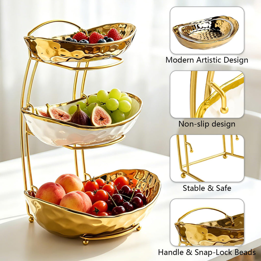 3 Tier Ceramic Fruit Bowl with Metal Stand B931884