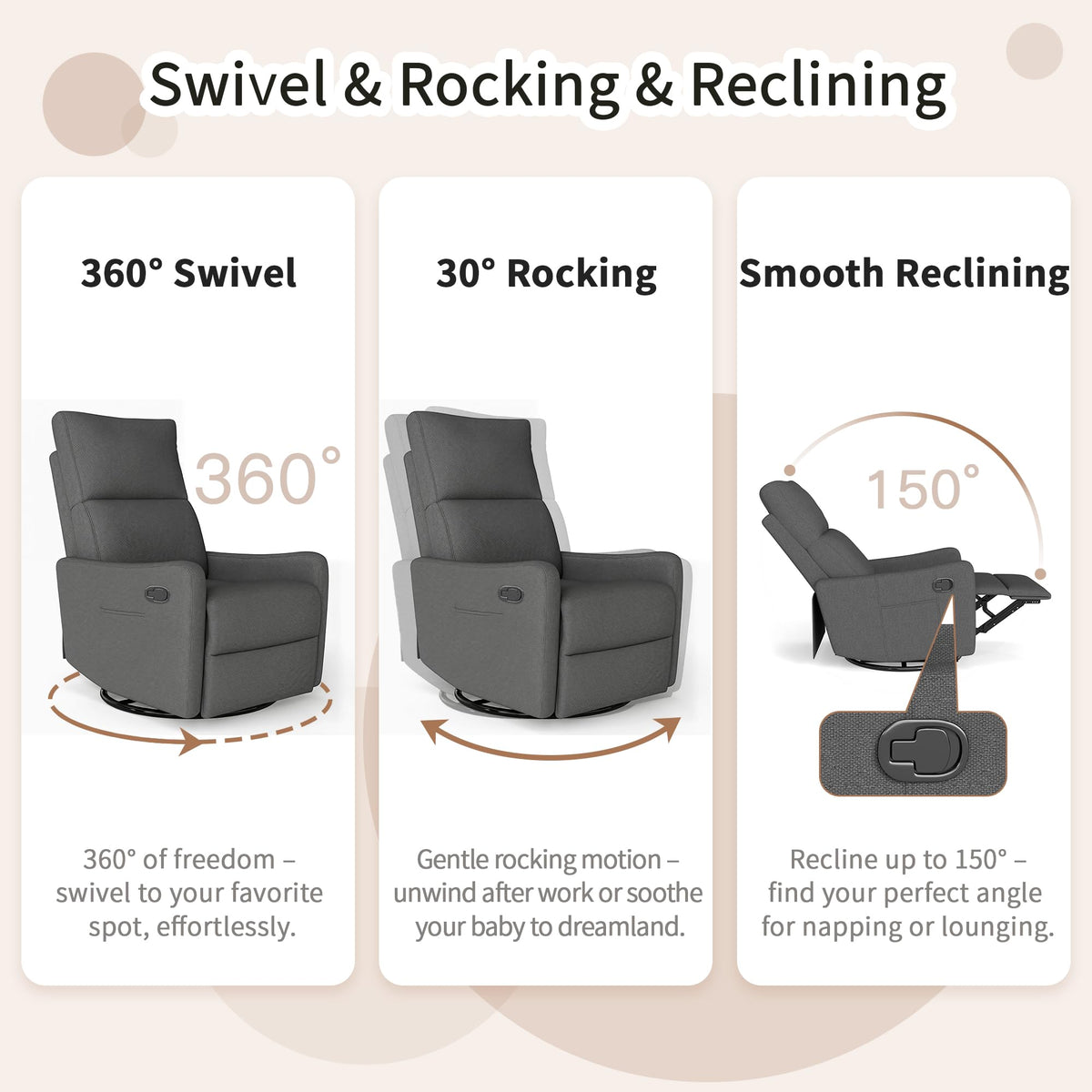 Dark Gray Swivel Rocker Recliner Chair Y77805