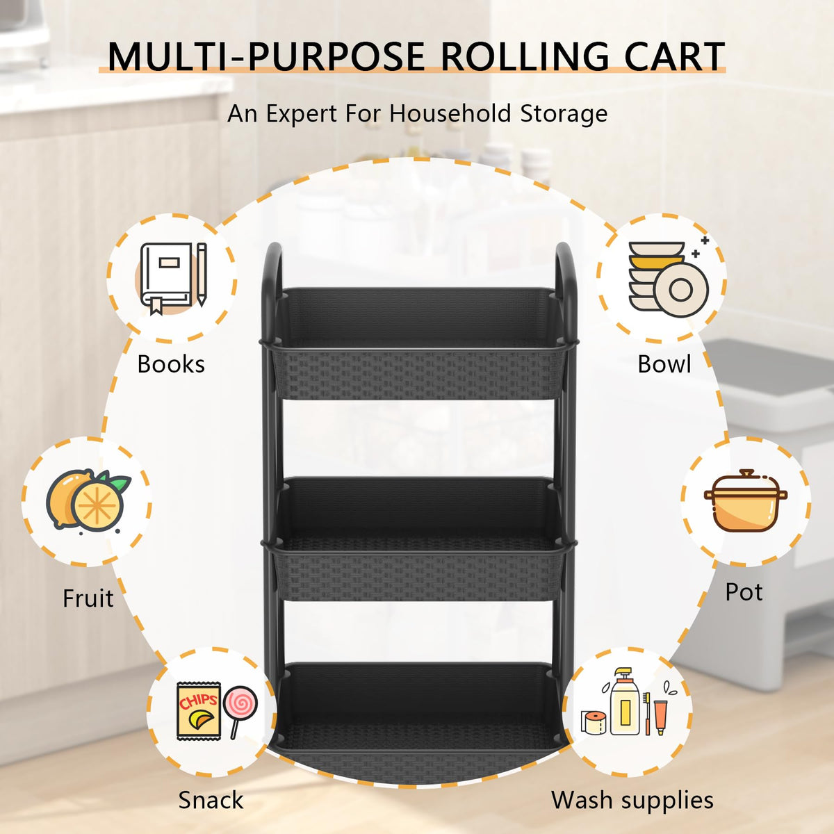 3-Tier Plastic Rolling Utility Cart with Handle O323