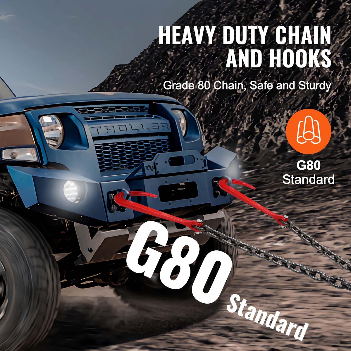 3/8" x 3' G80 V Bridle Towing Chain with J Hooks and Grab Hooks S7958