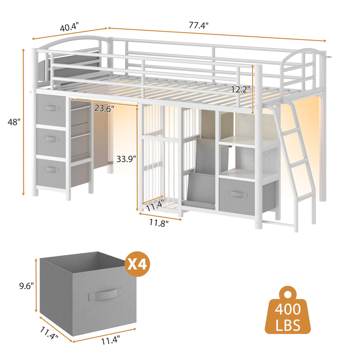 Twin Low Loft Bed with Storage Drawers and LED Lights X720746
