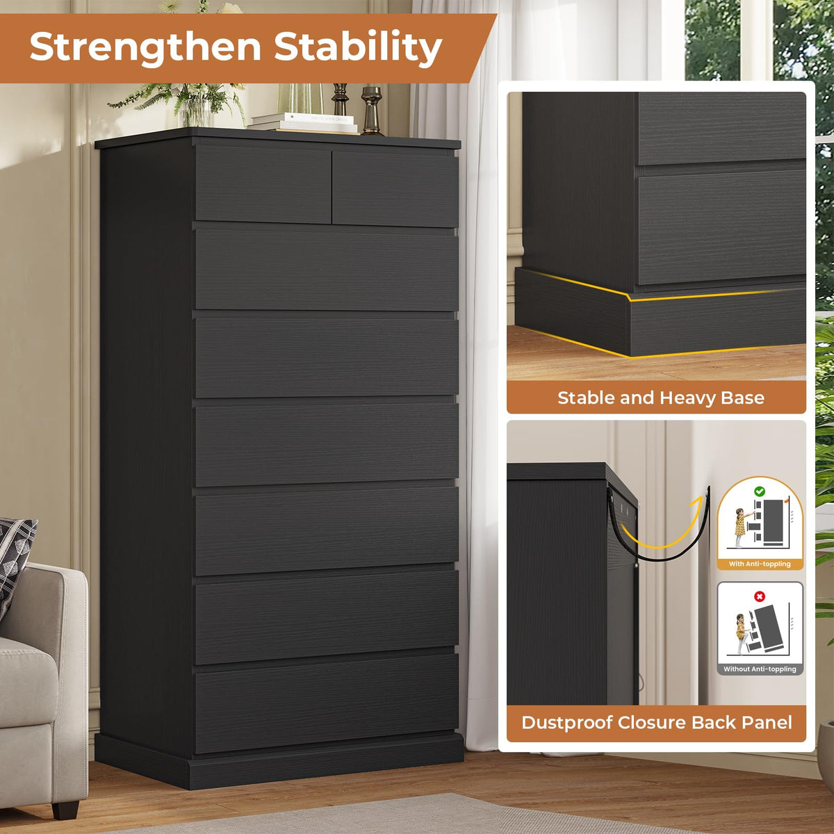 Black 8 Drawer Wood Dresser A552