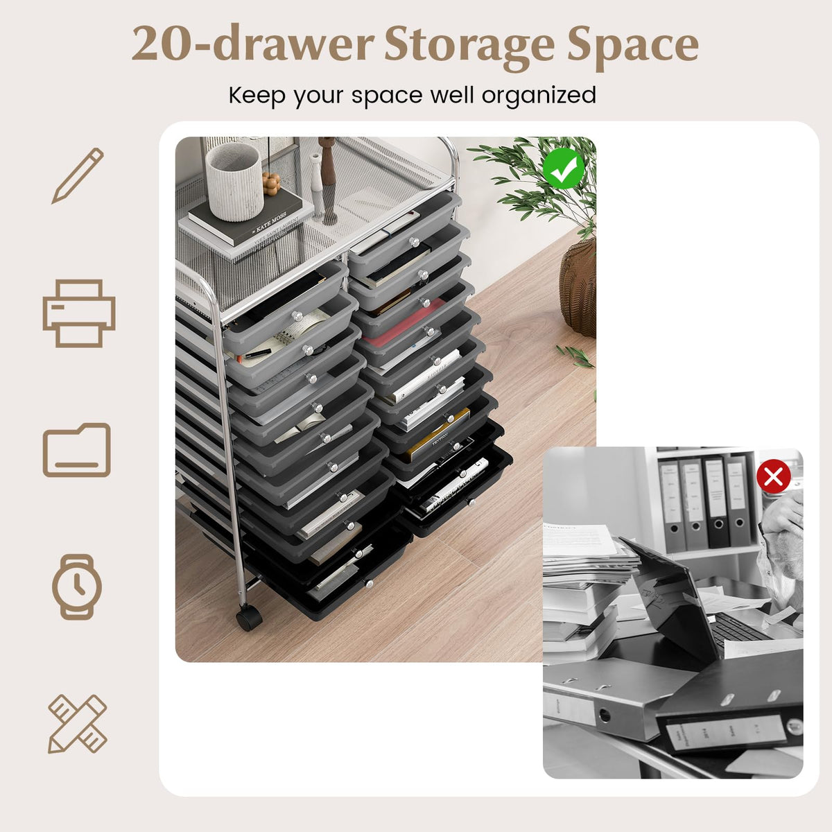 20 Drawer Multicolor Rolling Storage Cart H5123