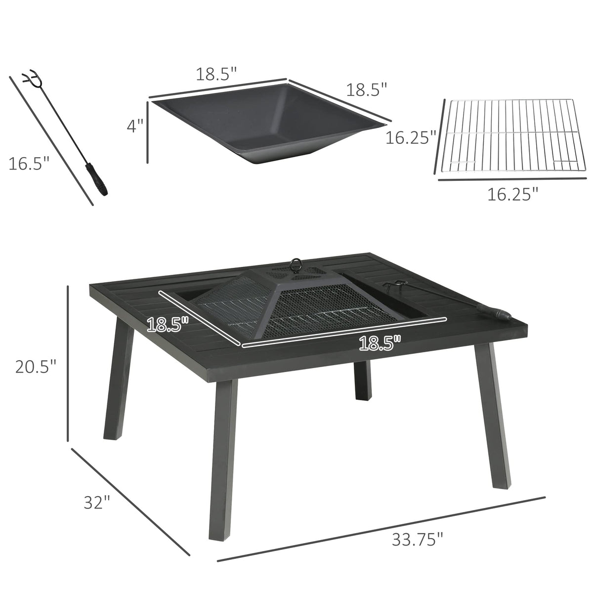34" Fire Pit with Grill Spark Screen Poker Cover Black M543