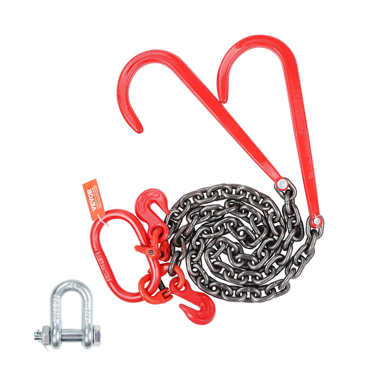 3/8" x 3' G80 V Bridle Towing Chain with J Hooks and Grab Hooks S7958
