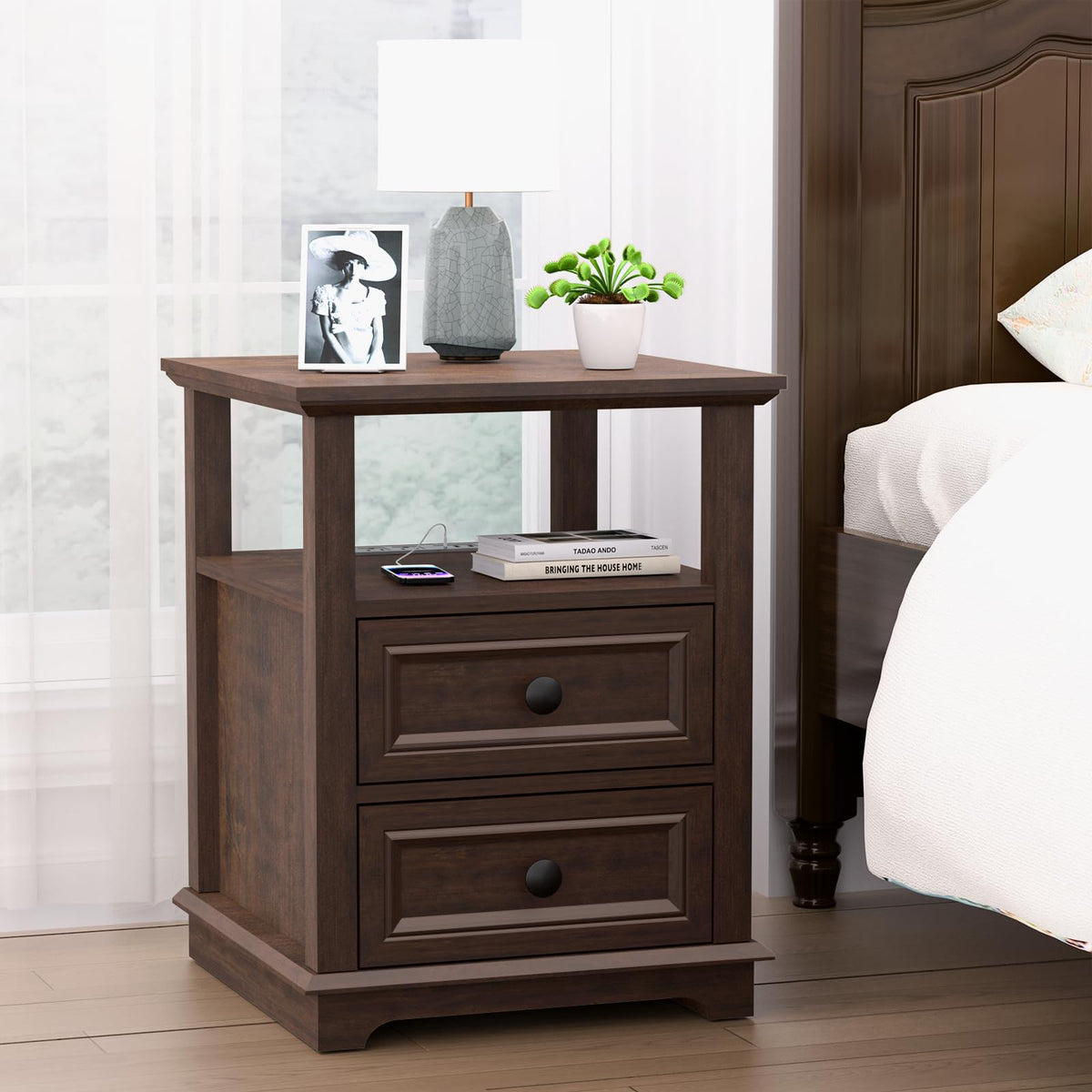 24" Nightstand with Charging Station and Drawers J624