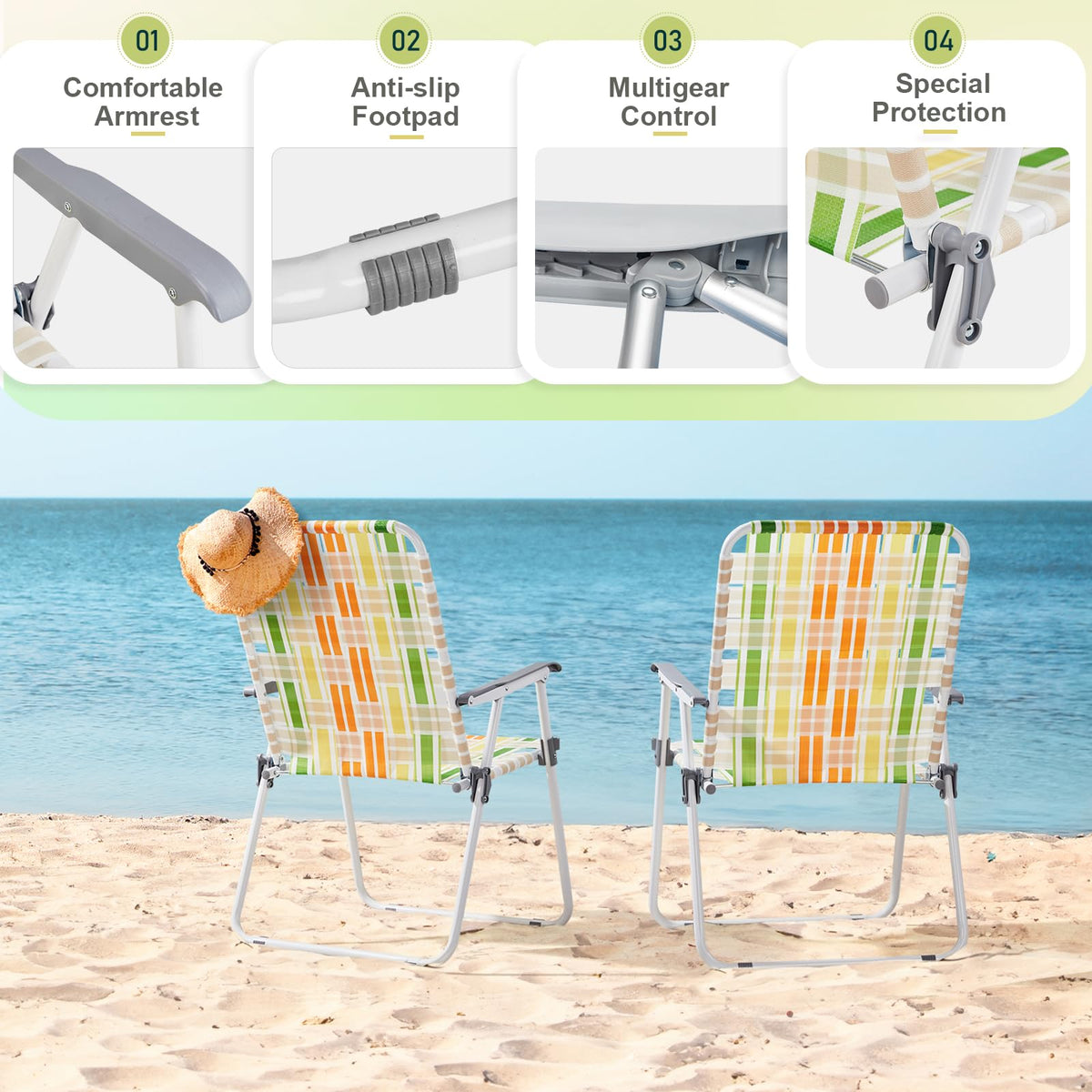 2 Pcs Lightweight Folding Beach Chairs with Armrests R111