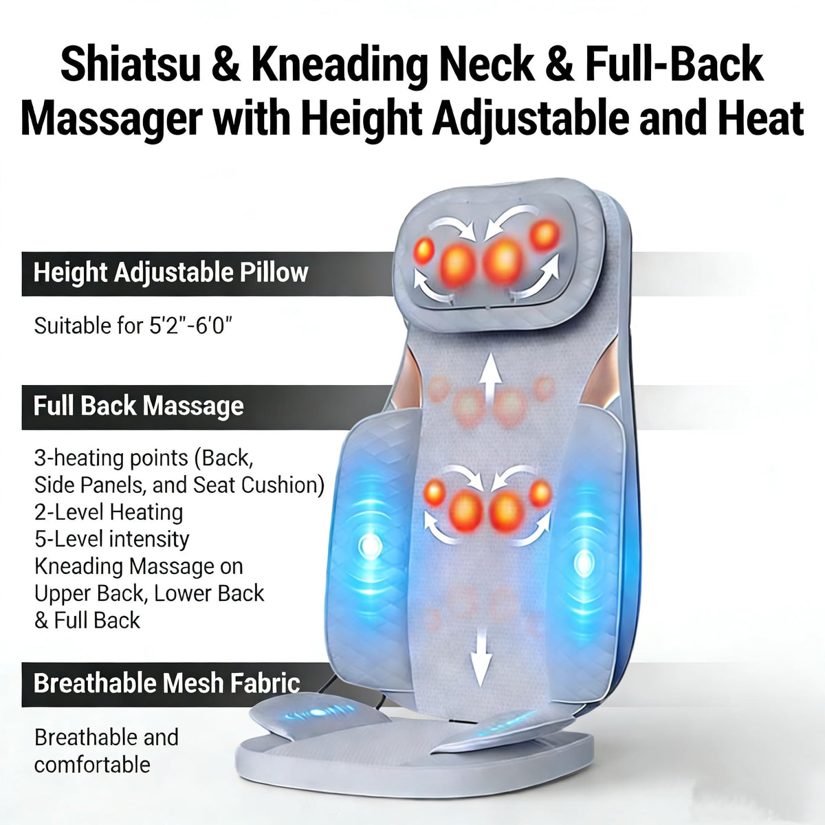 Gray Shiatsu Massage Chair Pad with Heat H696