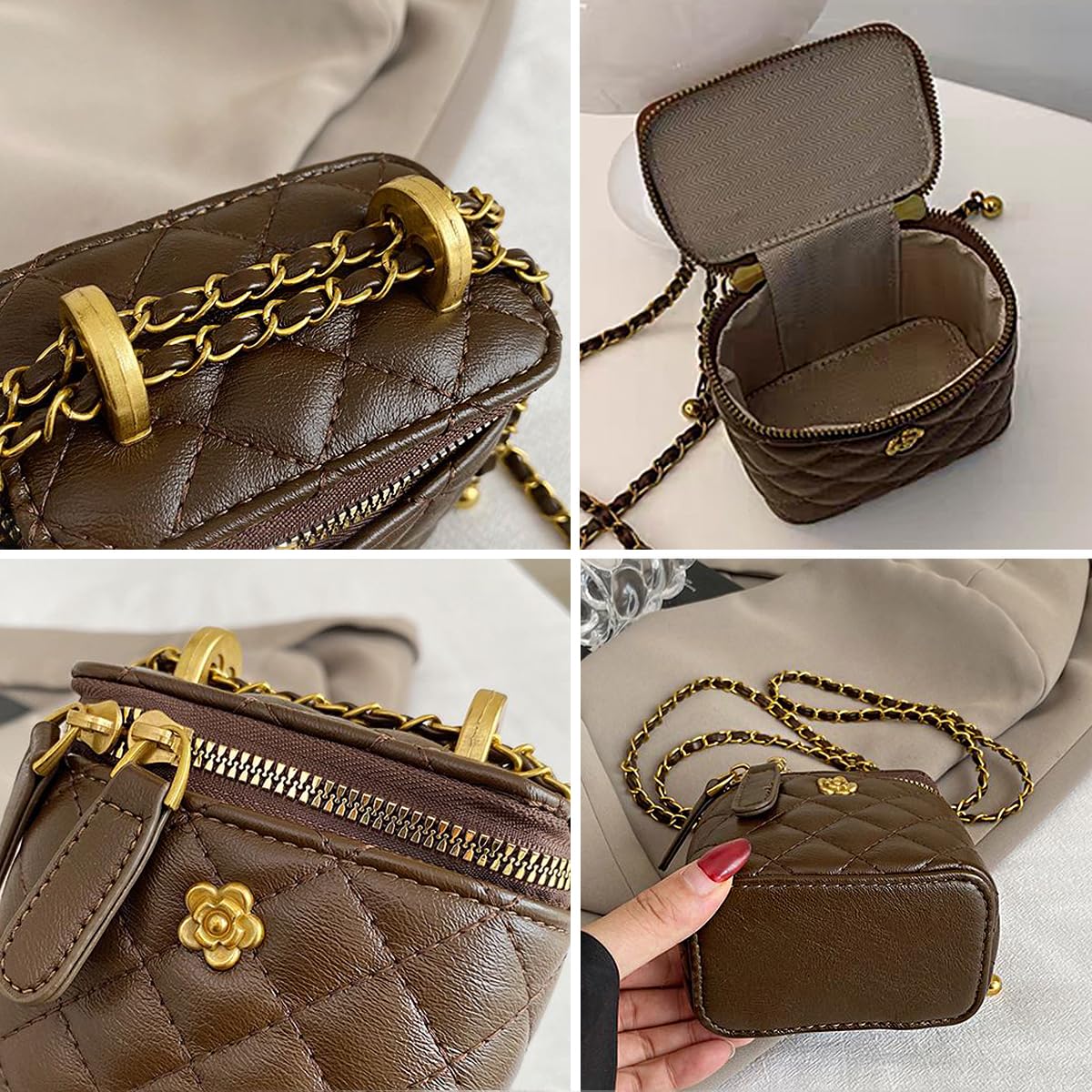 Quilted Leather Crossbody Bag with Chain Strap L5502