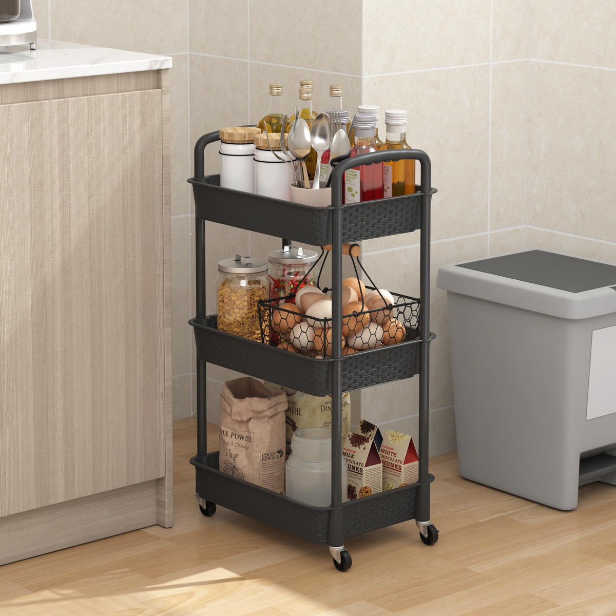3-Tier Plastic Rolling Utility Cart with Handle O323