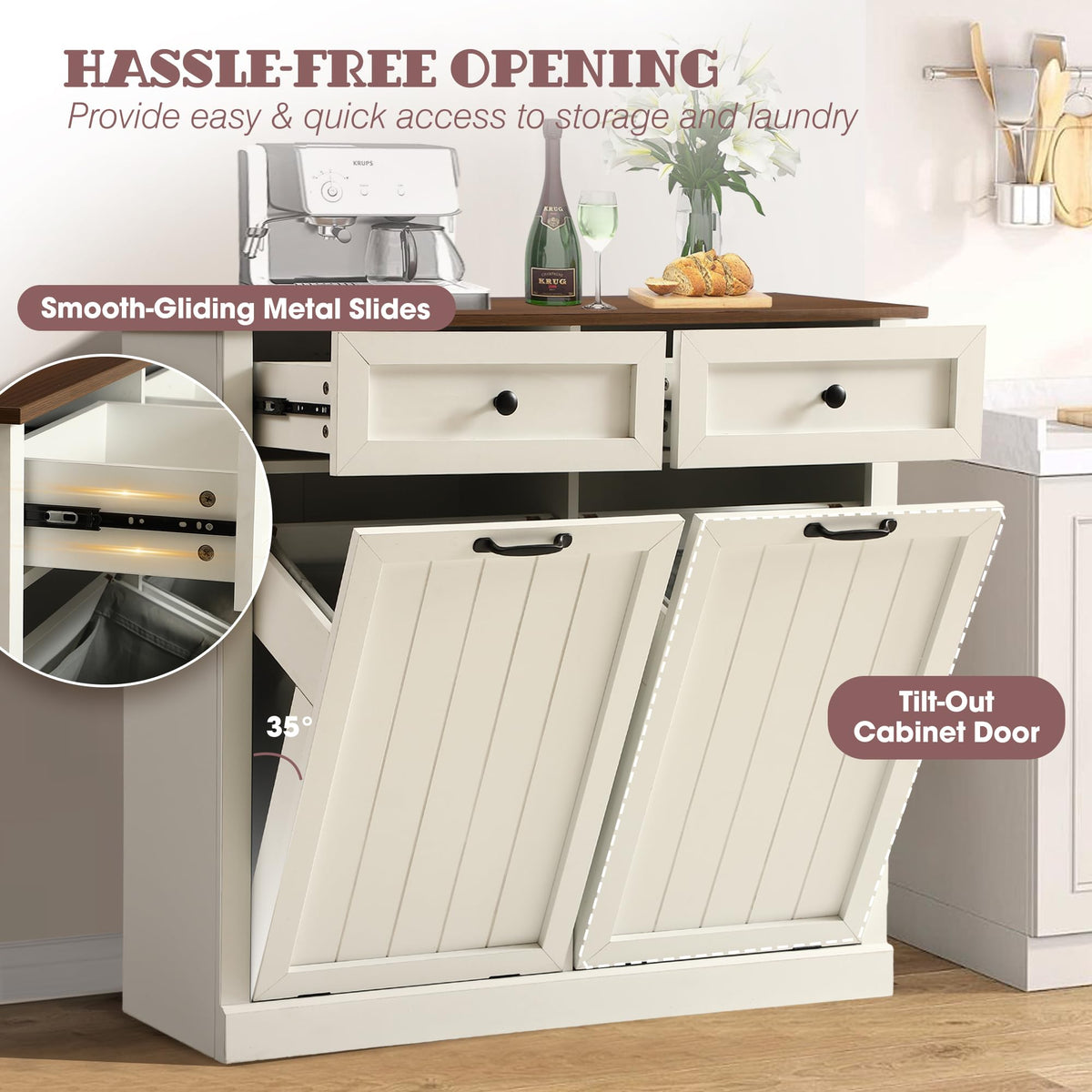 White 22 Gallon Wooden Laundry Hamper Cabinet with 2 Drawers A5101