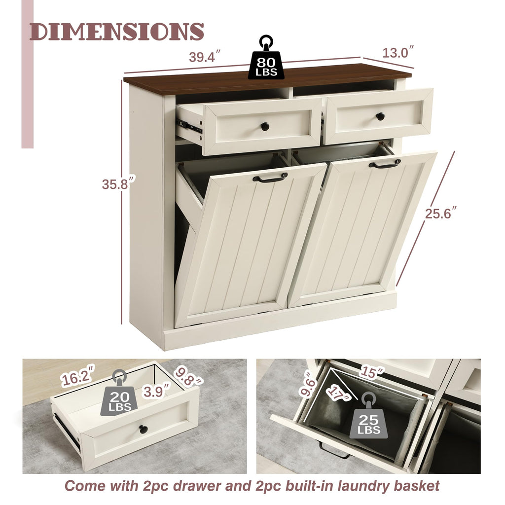 White 22 Gallon Wooden Laundry Hamper Cabinet with 2 Drawers A5101
