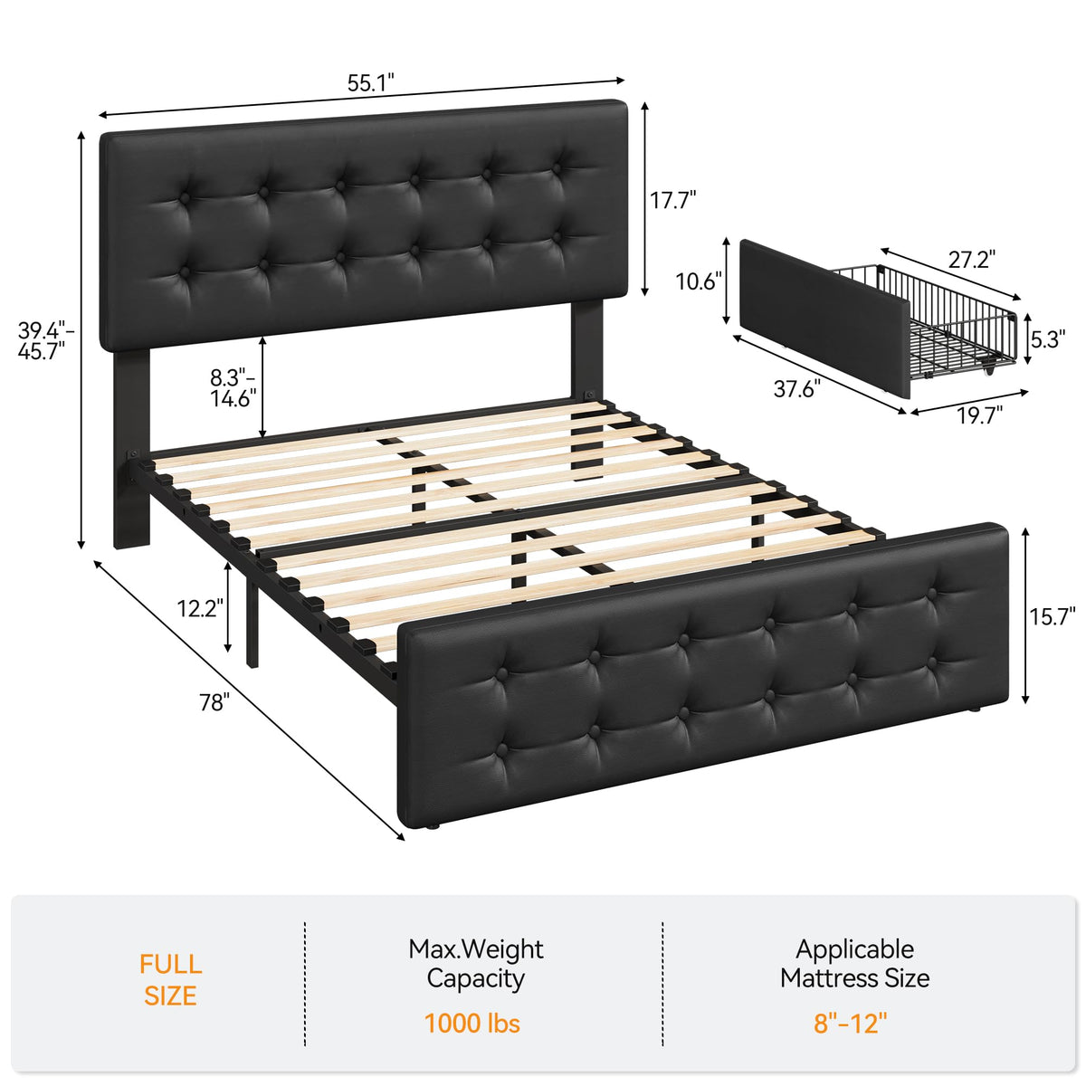 Full Size Bed Frame with 4 Storage Drawers and Headboard, Black U47709