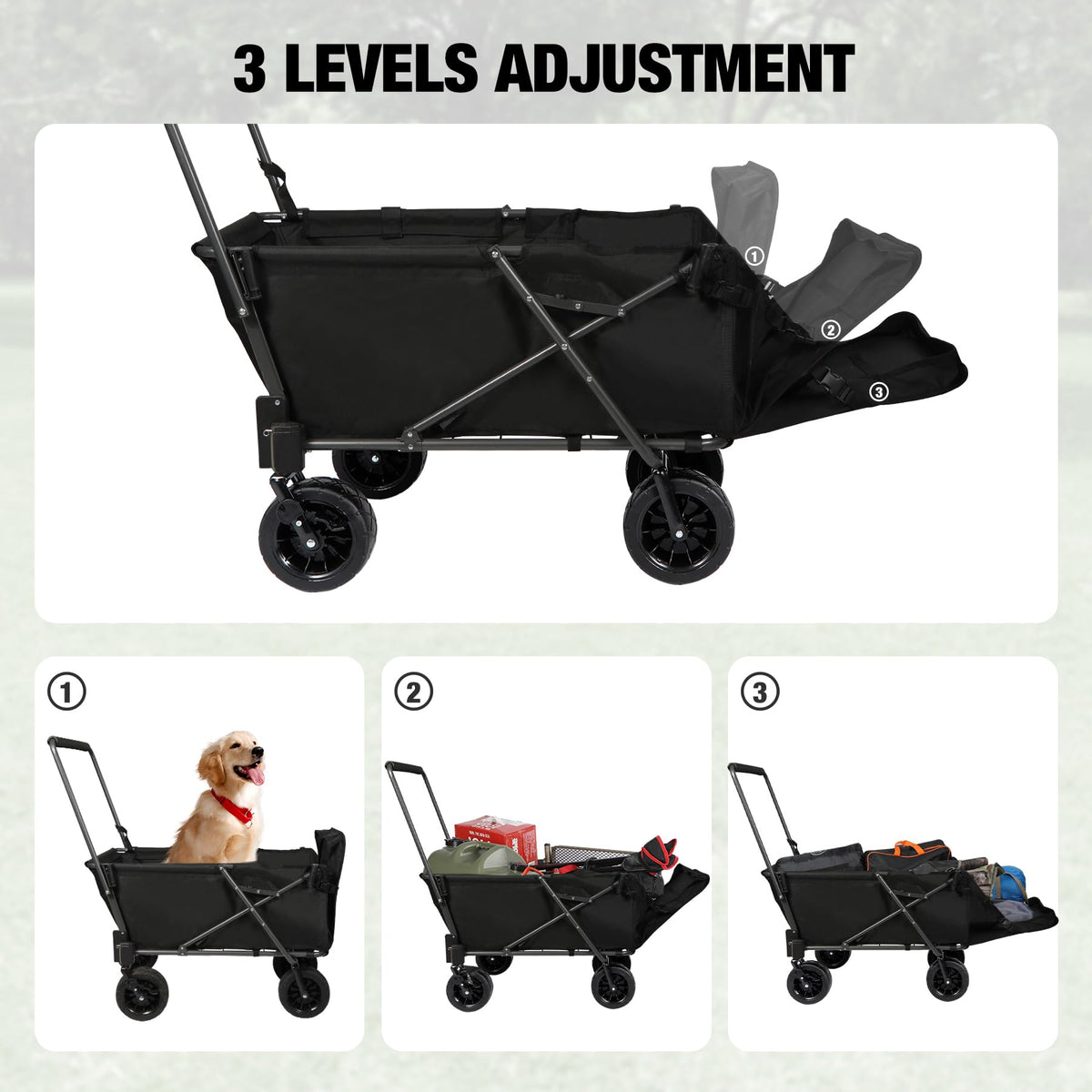 Folding Dog Wagon Cart with Extendable Rear End, 220L Collapsible Utility Cart, Black J18257