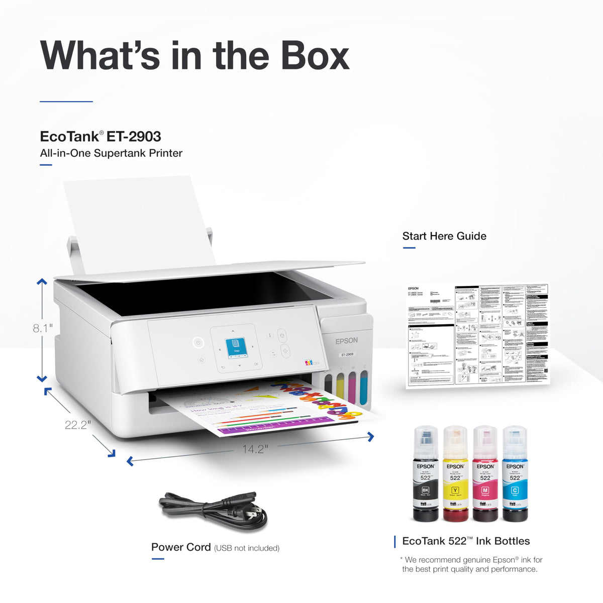 Wireless All-in-One Color Supertank Printer with Refillable Tanks, Scanner, White U56492