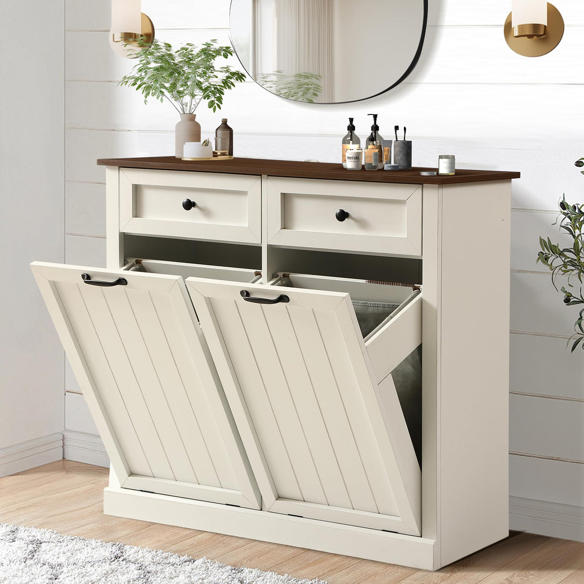 White 22 Gallon Wooden Laundry Hamper Cabinet with 2 Drawers A5101