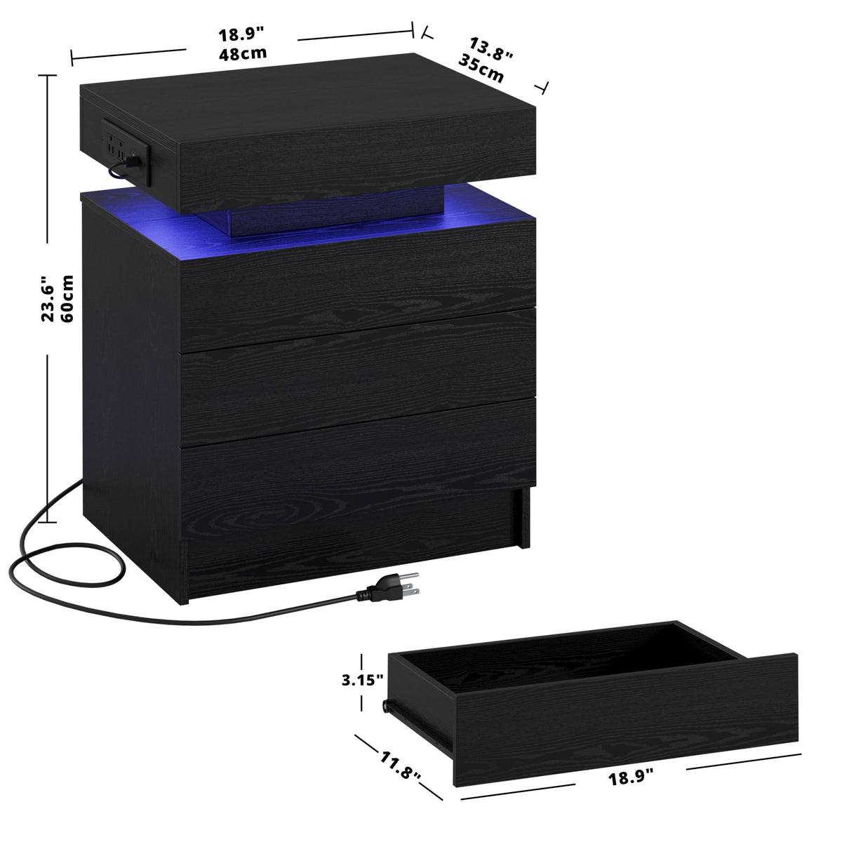 Black 3 Drawer Nightstand with Charging Station K9808