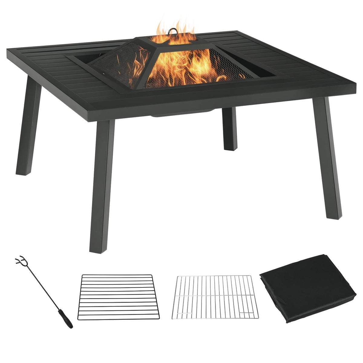34" Fire Pit with Grill Spark Screen Poker Cover Black M543