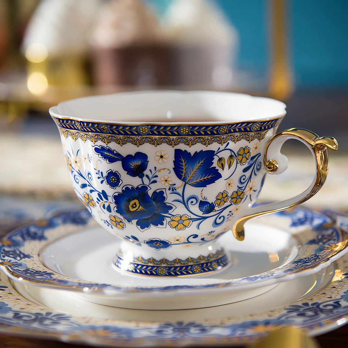 Tea Coffee Cup and Saucer Set, Bone China Dinnerware Set for 4, Blue and White L298442
