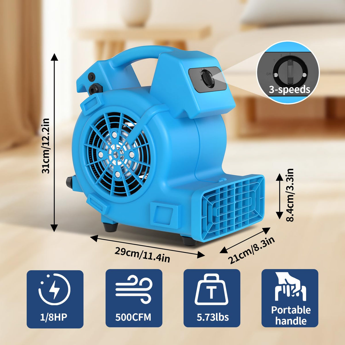 600 CFM Portable Air Mover Blower Fan with 3 Speeds S313