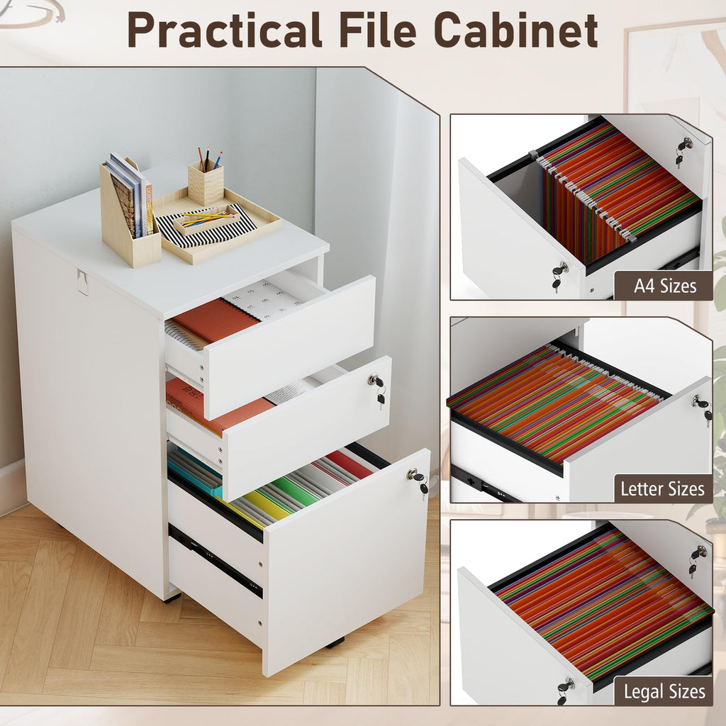 White 3 Drawer File Cabinet with Lock S404