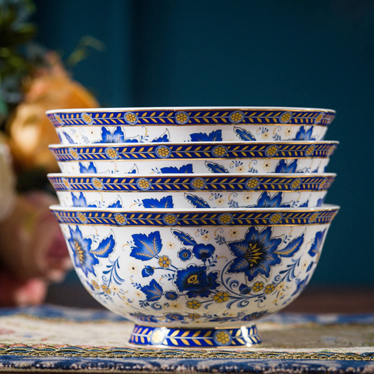 Tea Coffee Cup and Saucer Set, Bone China Dinnerware Set for 4, Blue and White L298442