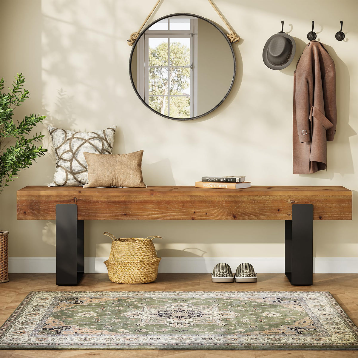 Solid Wooden Entryway Bench with Metal Legs W1649