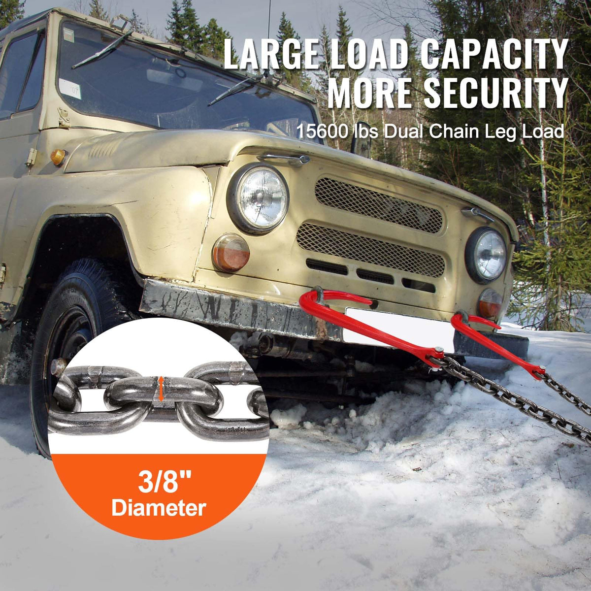 3/8" x 3' G80 V Bridle Towing Chain with J Hooks and Grab Hooks S7958