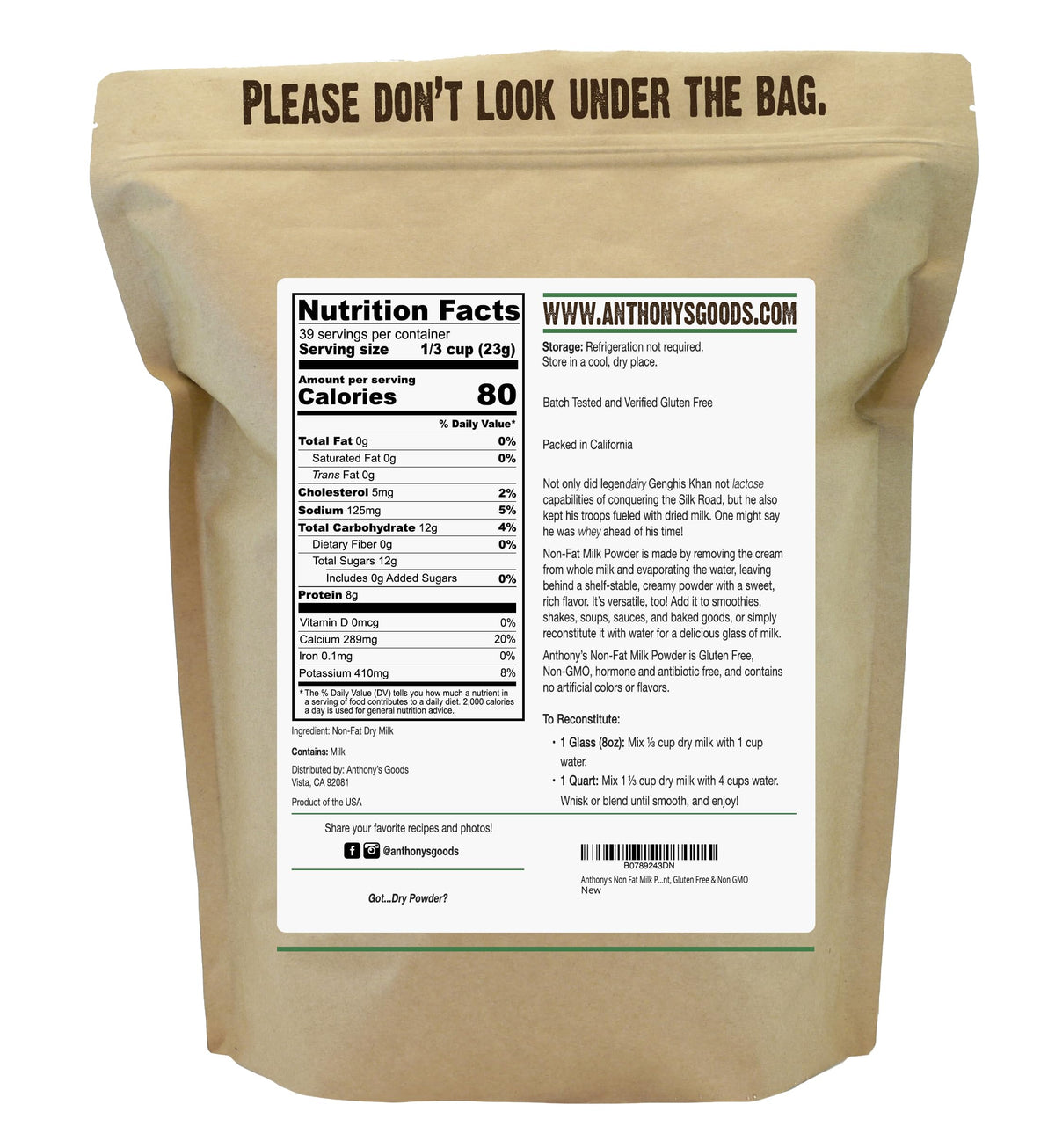 Non Fat Instant Milk Powder 2 lb B395411