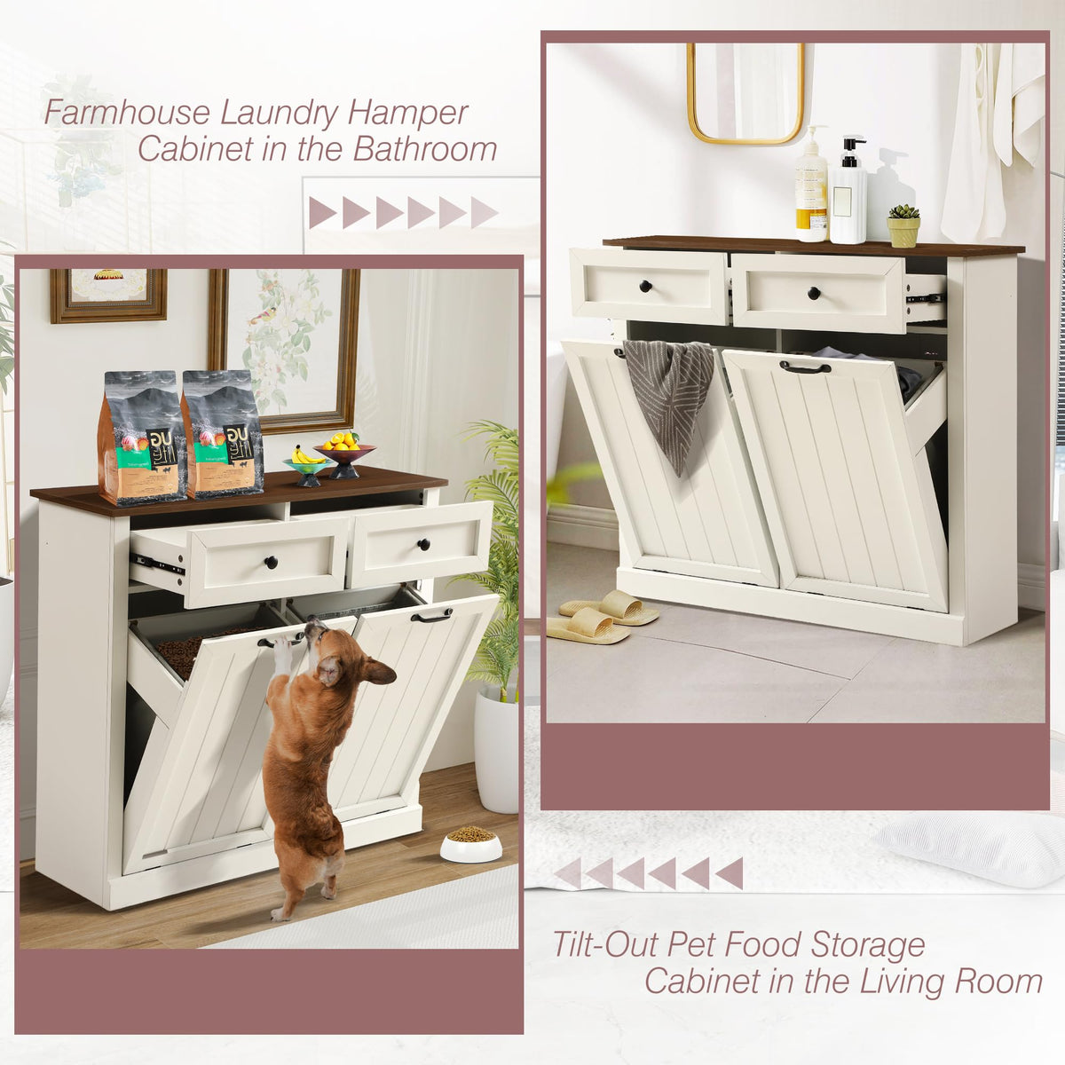 White 22 Gallon Wooden Laundry Hamper Cabinet with 2 Drawers A5101