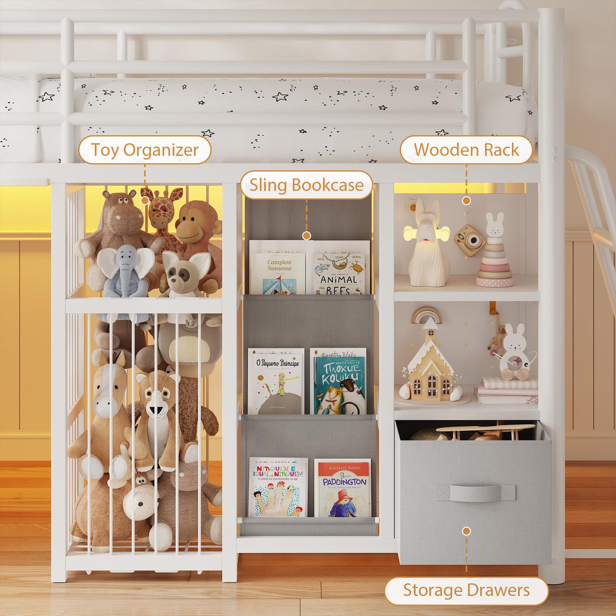 Twin Low Loft Bed with Storage Drawers and LED Lights X720746