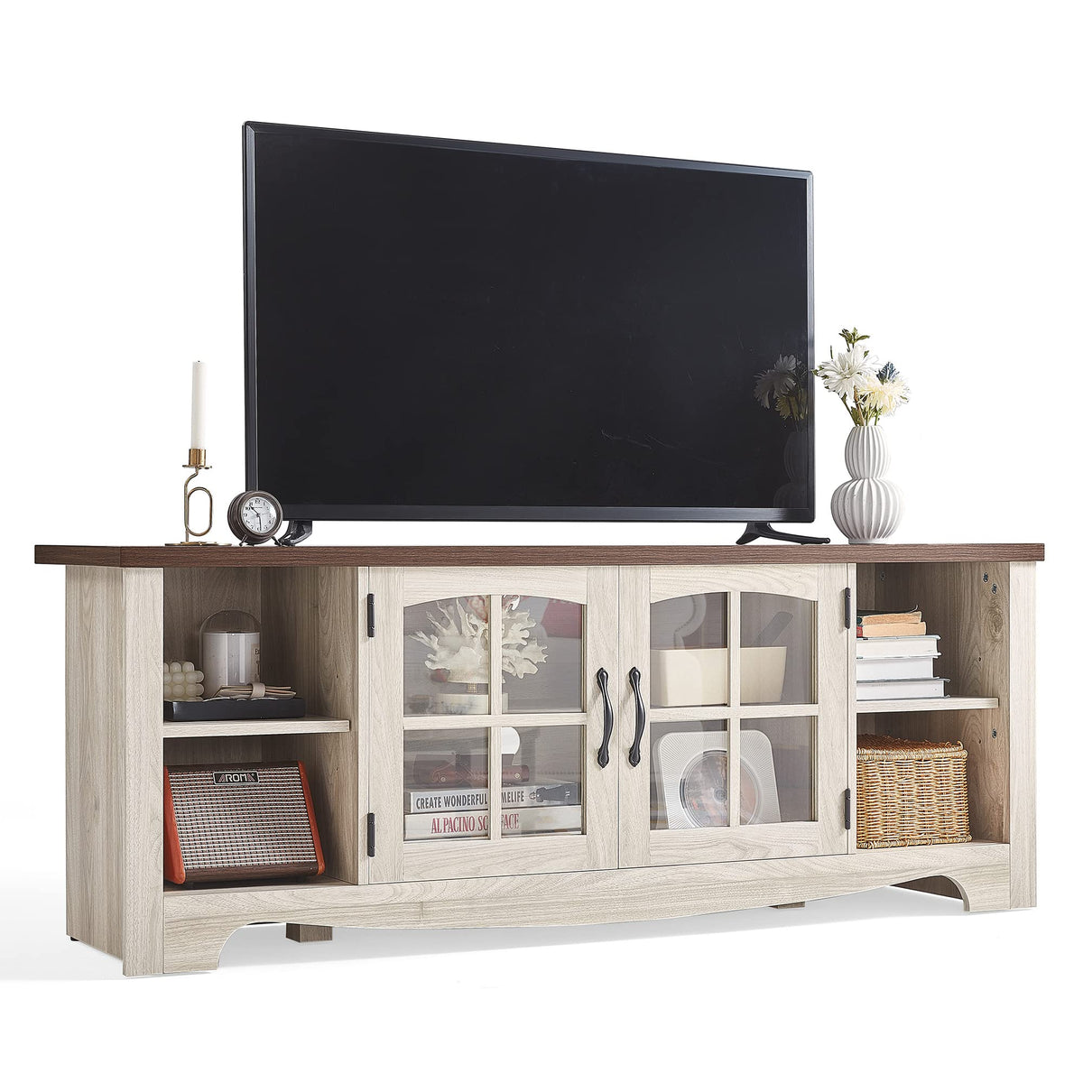 Farmhouse Wood TV Stand for 65 Inch TV with Glass Door Storage Cabinet U8292