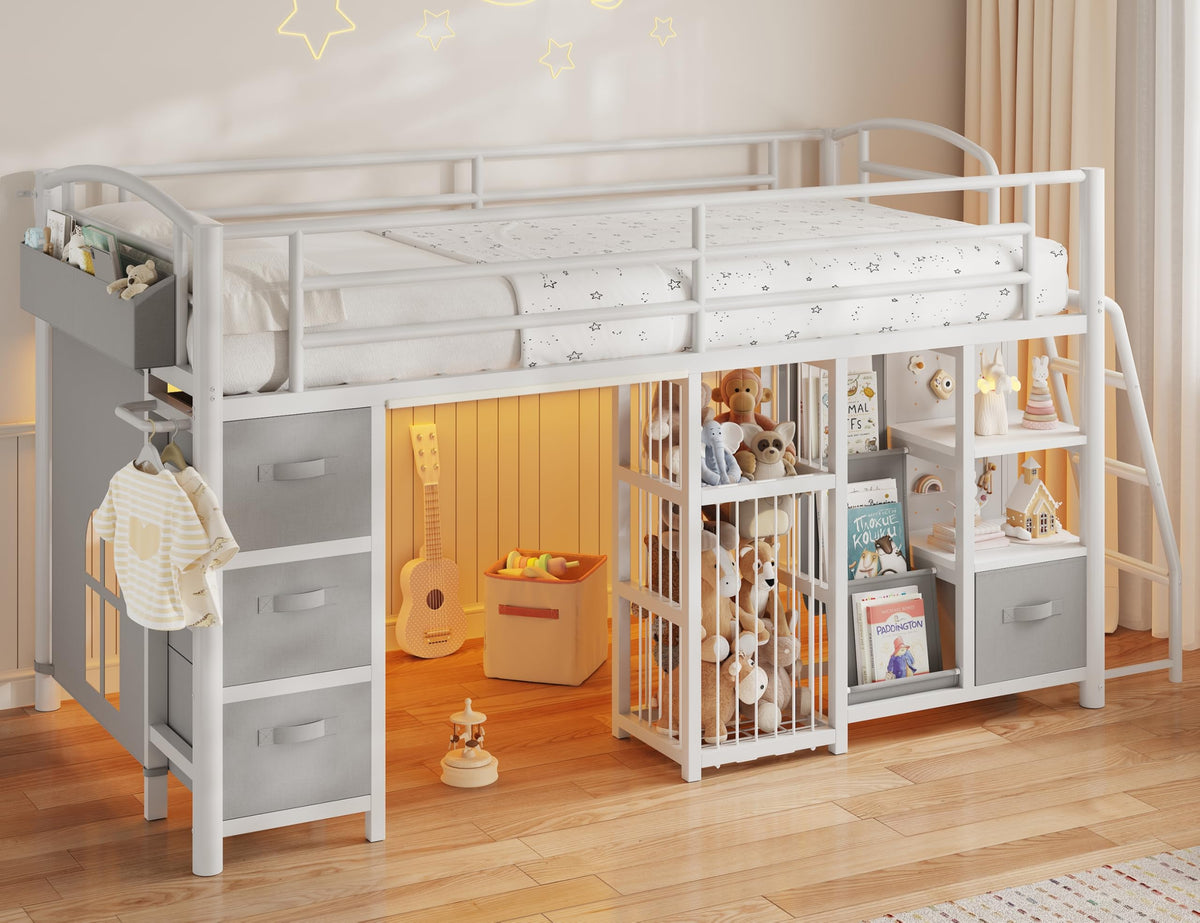 Twin Low Loft Bed with Storage Drawers and LED Lights X720746