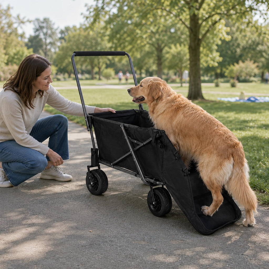 Folding Dog Wagon Cart with Extendable Rear End, 220L Collapsible Utility Cart, Black J18257