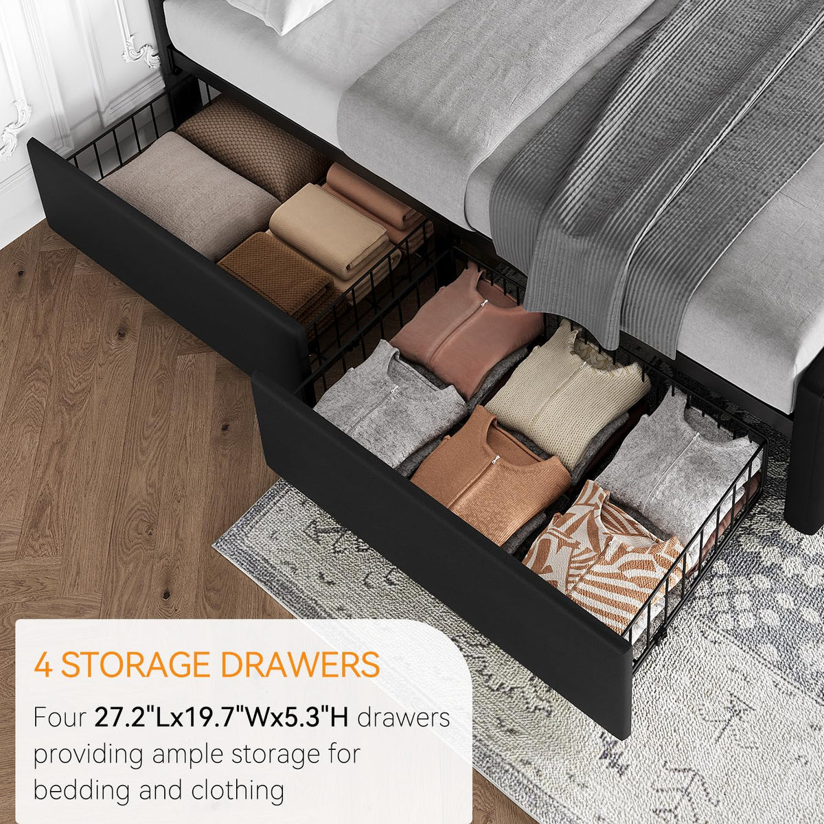 Full Size Bed Frame with 4 Storage Drawers and Headboard, Black U47709