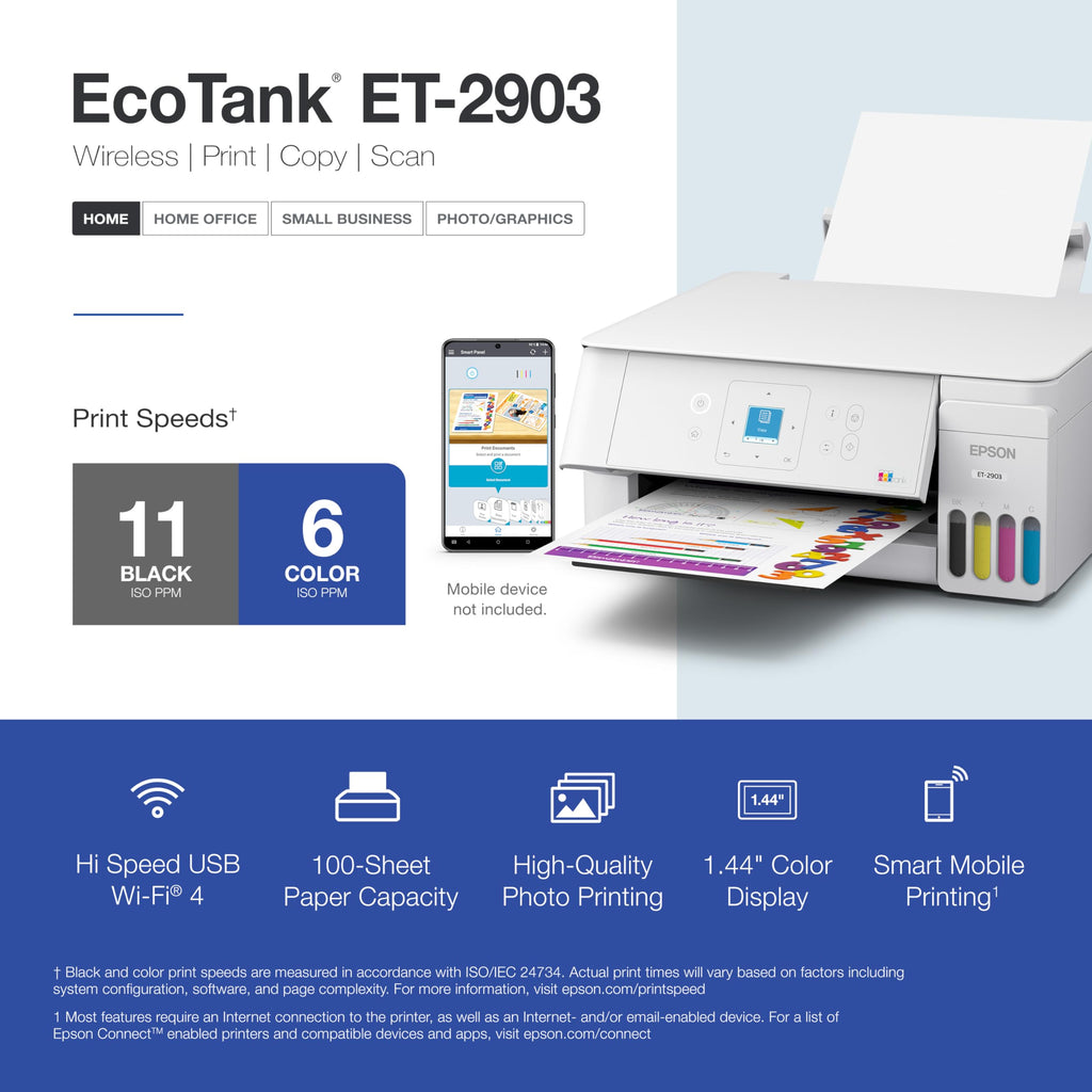 Wireless All-in-One Color Supertank Printer with Refillable Tanks, Scanner, White U56492