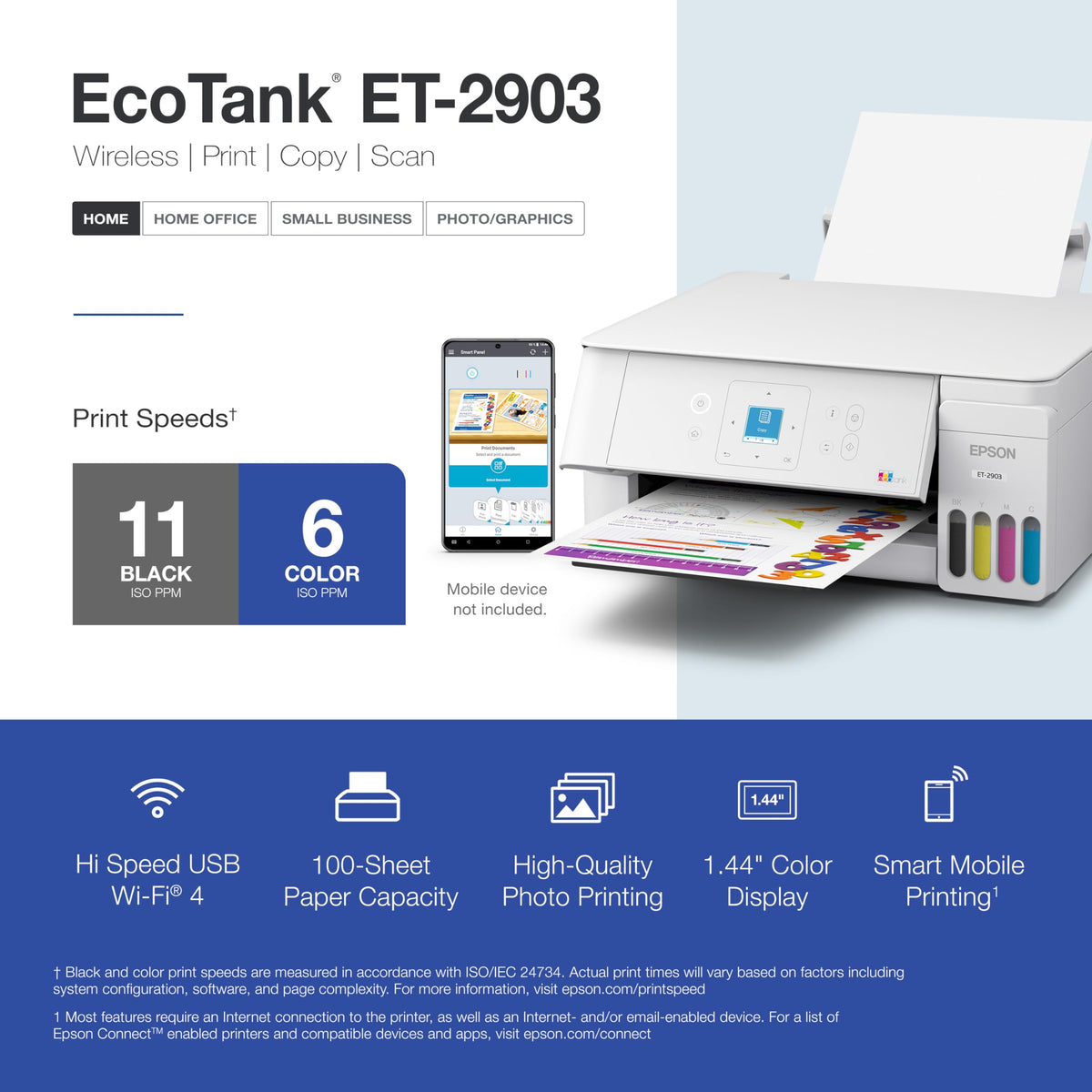 Wireless All-in-One Color Supertank Printer with Refillable Tanks, Scanner, White U56492