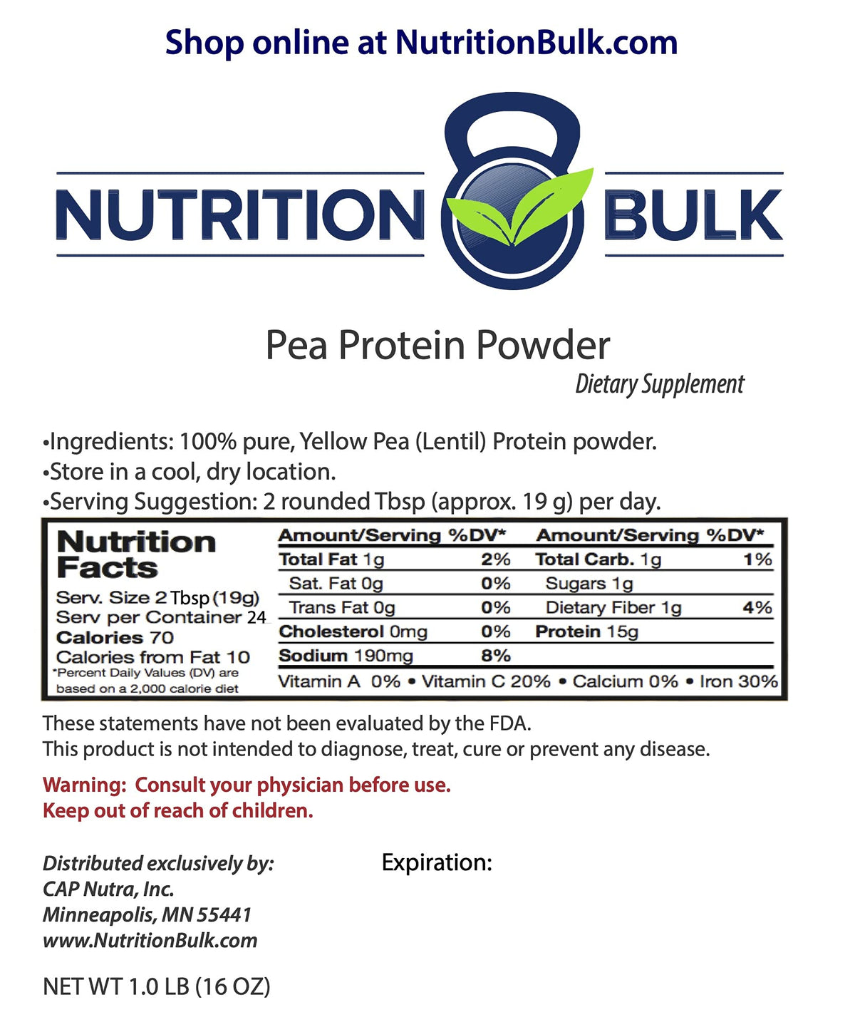 Unflavored Pea Protein Powder 1 lb H798419