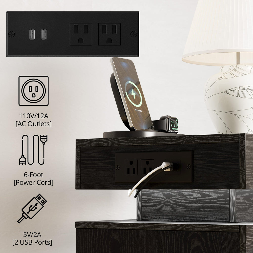 Black 3 Drawer Nightstand with Charging Station K9808