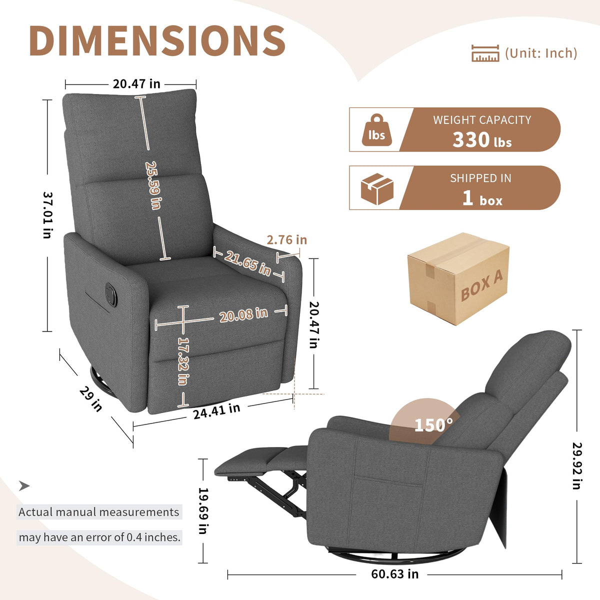 Dark Gray Swivel Rocker Recliner Chair Y77805