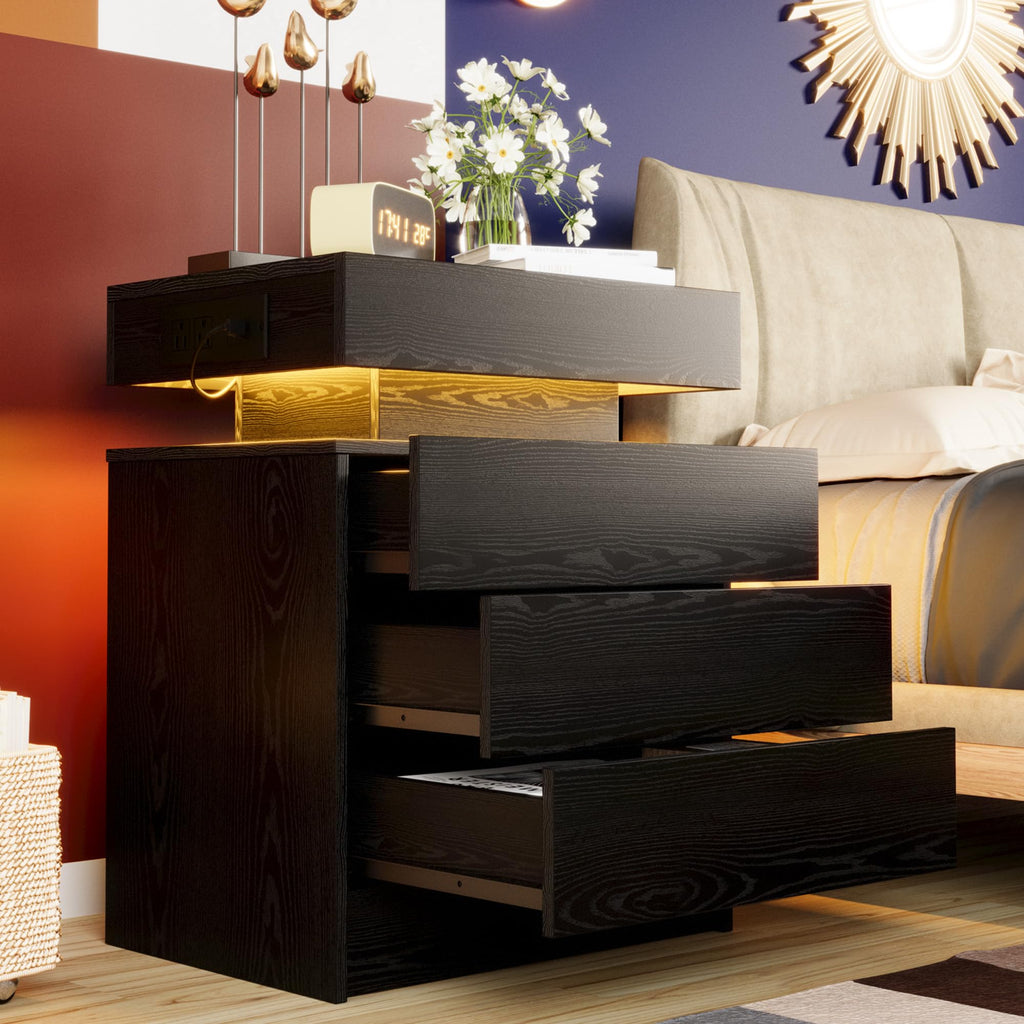 Black 3 Drawer Nightstand with Charging Station K9808