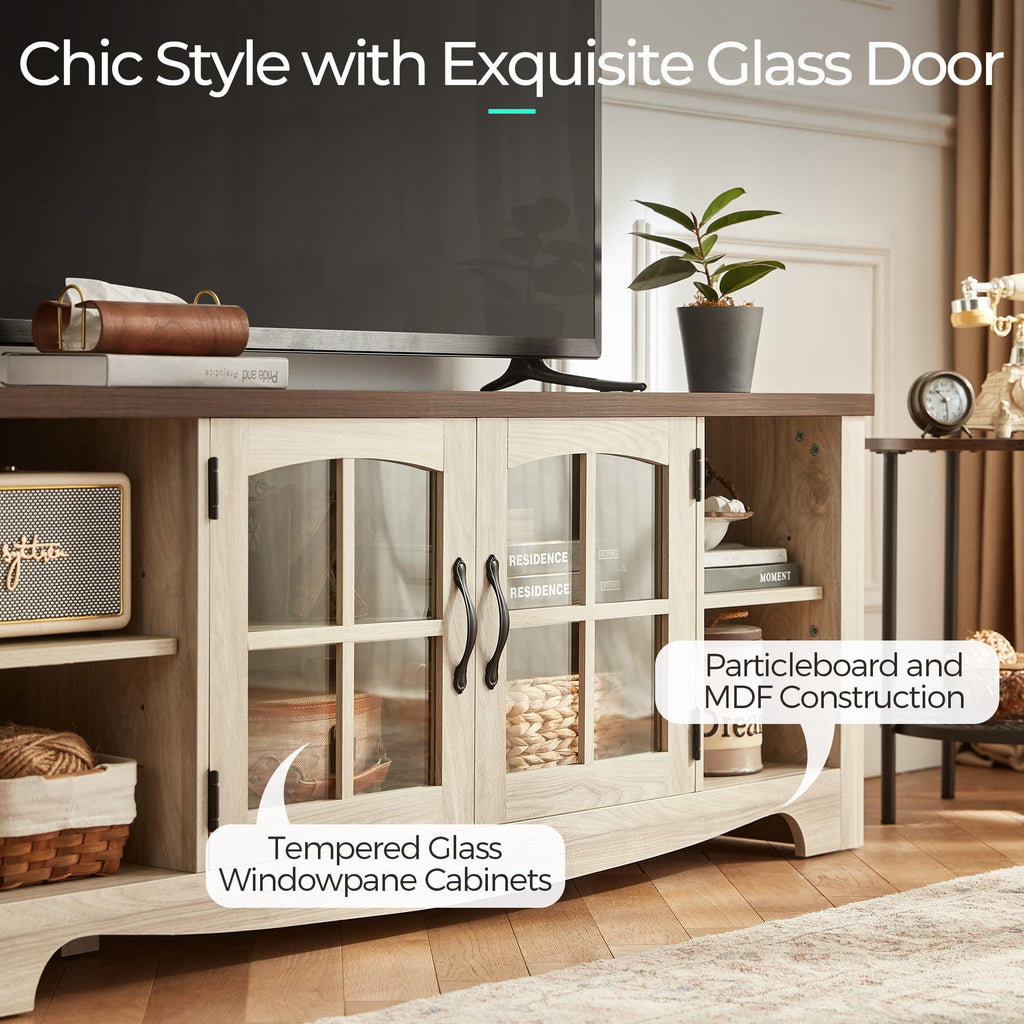 Farmhouse Wood TV Stand for 65 Inch TV with Glass Door Storage Cabinet U8292